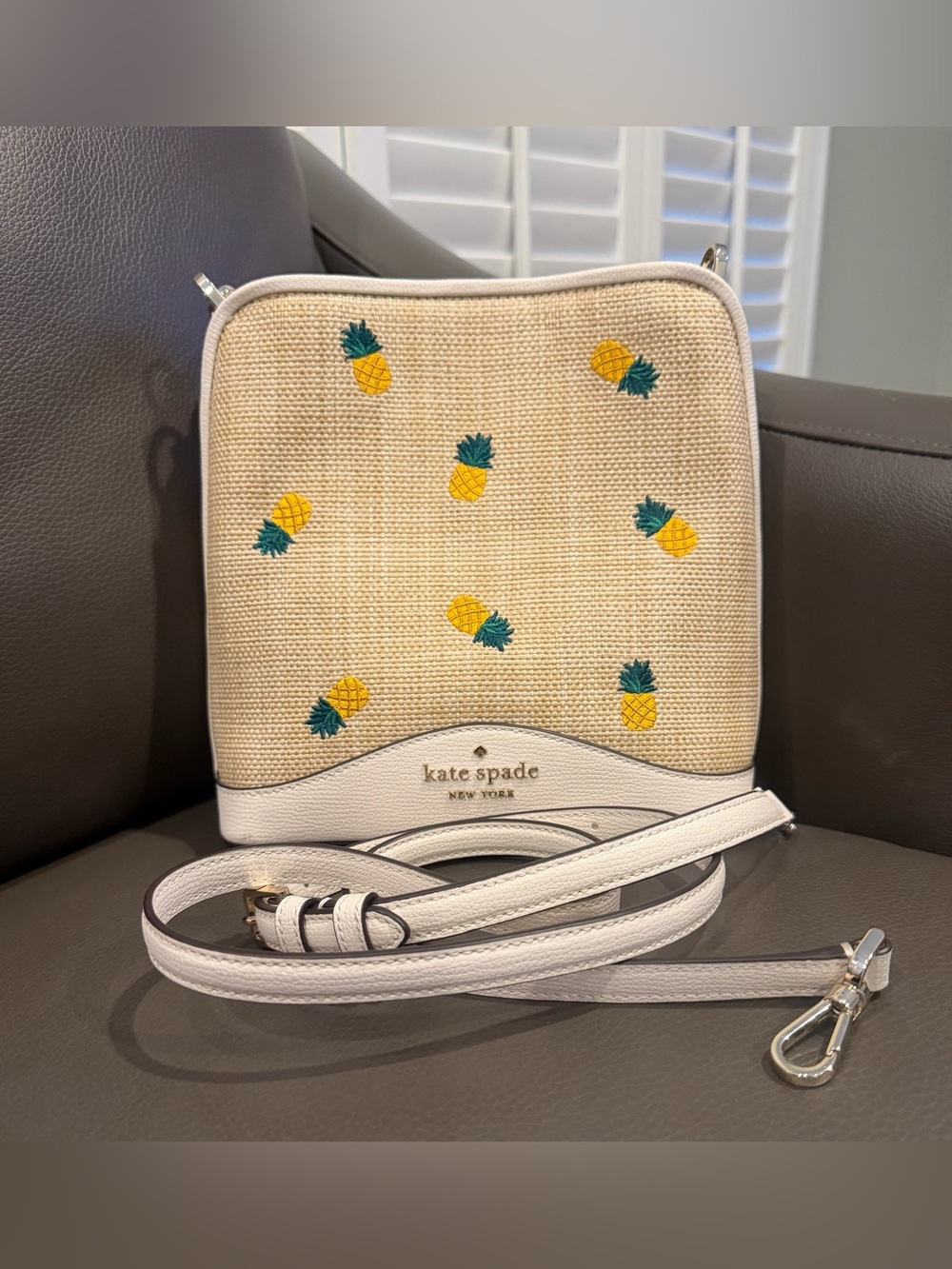 kate spade Cream Rafia Crossbody with Yellow Pineapple Embroidery